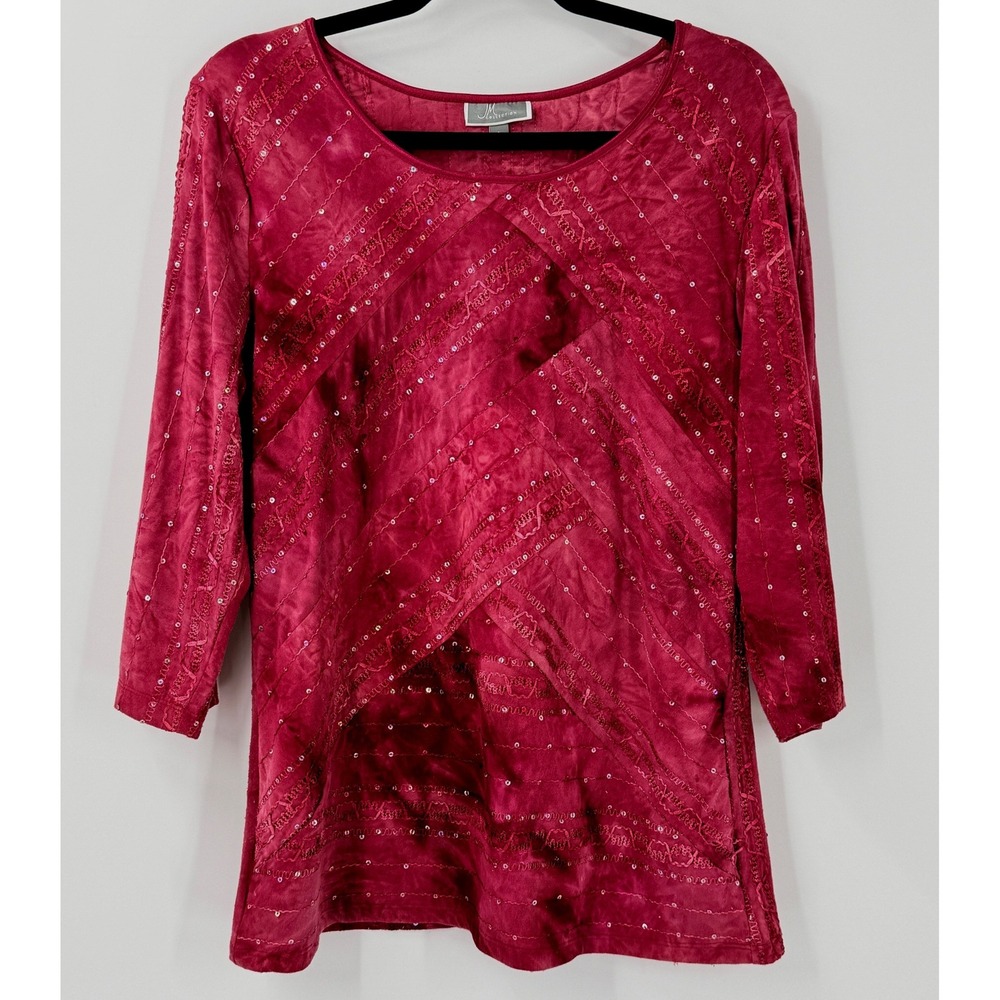 Whimsigoth Burgundy Sequin Embellished 3/4 Sleeve Blouse Top womens sz L witchy